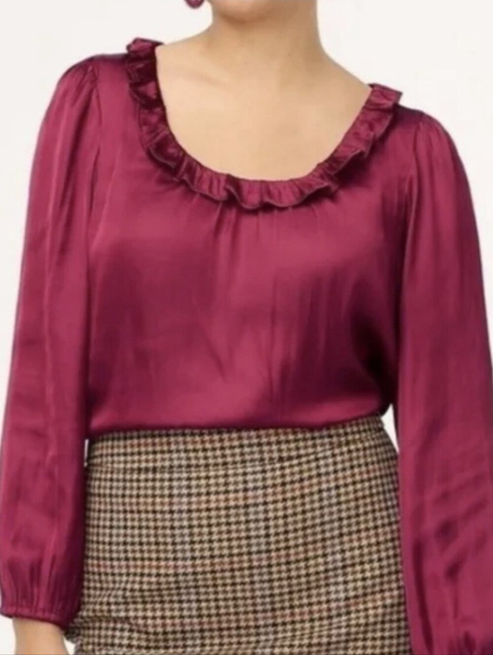 J. Crew Satin Ruffle Scoop Neck Blouse - Berry